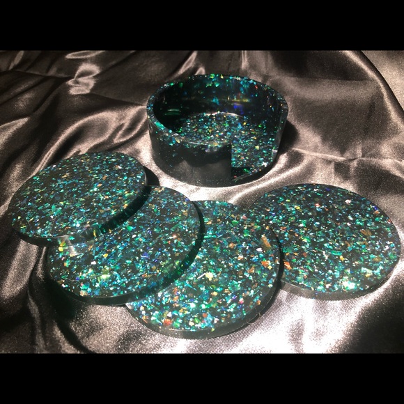 DISCOUNTED Rainbow Holographic Glitter Coaster Set With Matching Holder - Picture 16 of 17